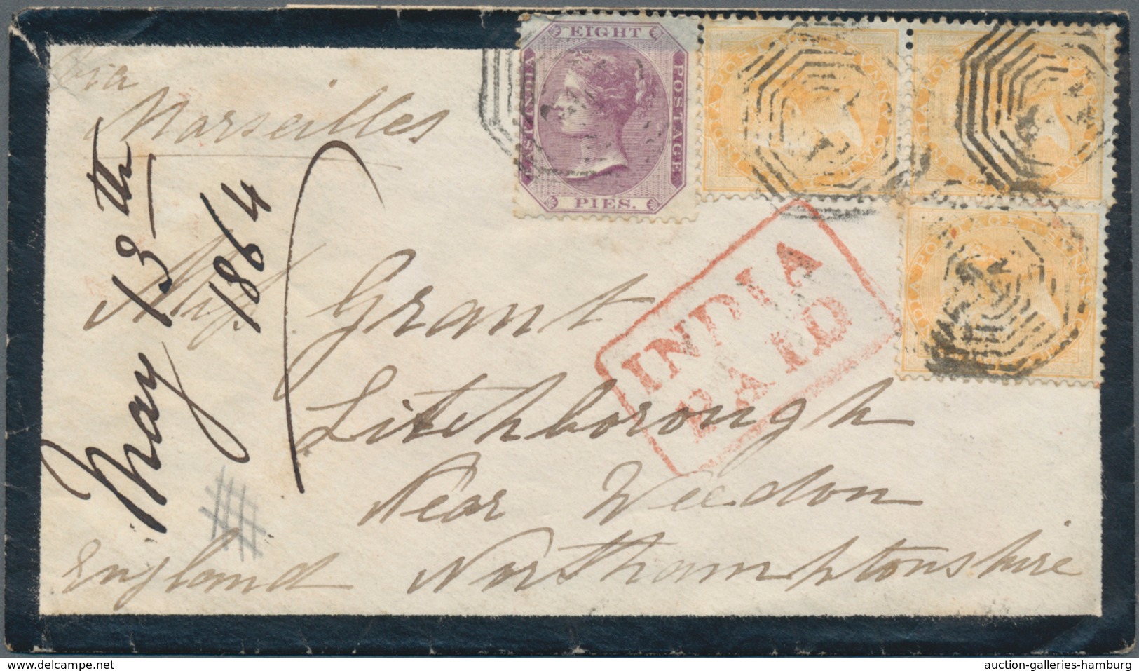 Indien: 1864, Very Decorative Mourning Cover Franked With 2 Anna Yellow, Piar And Single And 8 Pies - 1882-1901 Empire