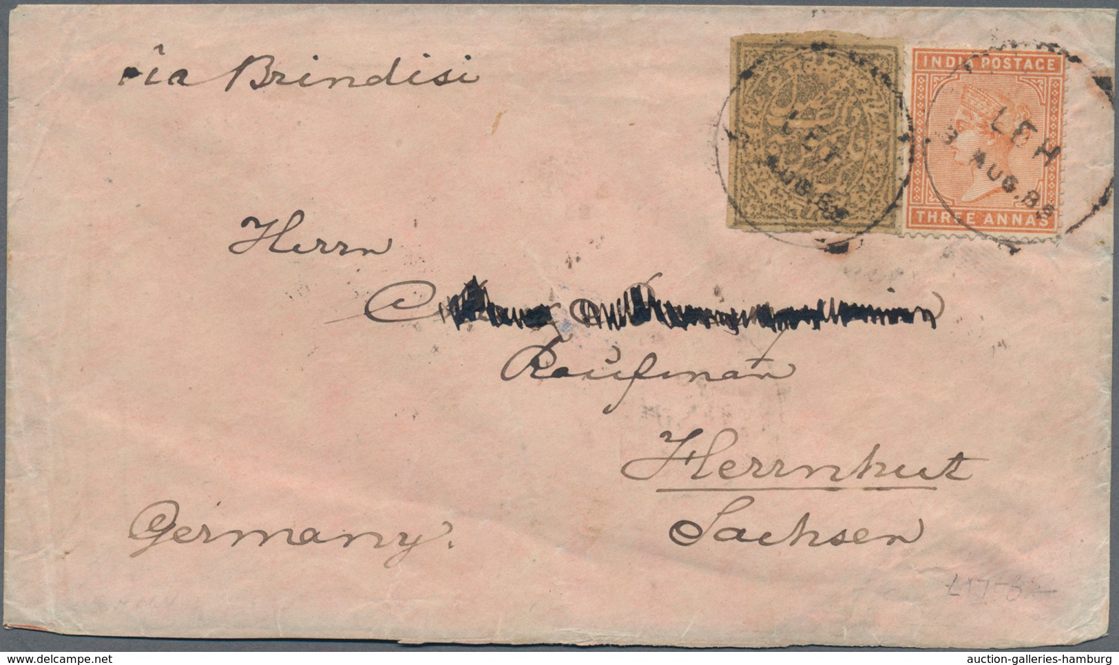 Indien - Feudalstaaten: KASCHMIR: 1889, 1 A Grey-green Mixed Franking With INDIA 3 A Brown-orange On - Sonstige & Ohne Zuordnung