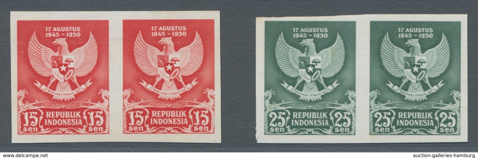 Indonesien: 1950, "5 Years Independence As Imperforated Proofs Without Gum", Unused Pairs In Perfect - Indonesia