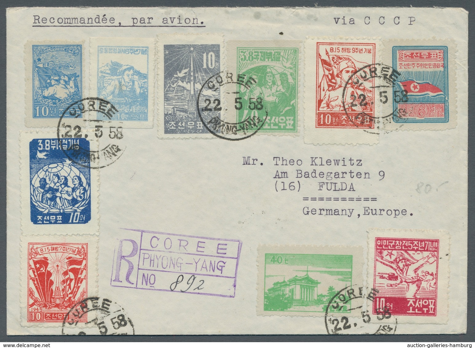 Korea-Nord: 1958, R-Letter From PHYONG-YANG 22.5.58 To Fulda Franked With Ten Different Values From - Korea, North