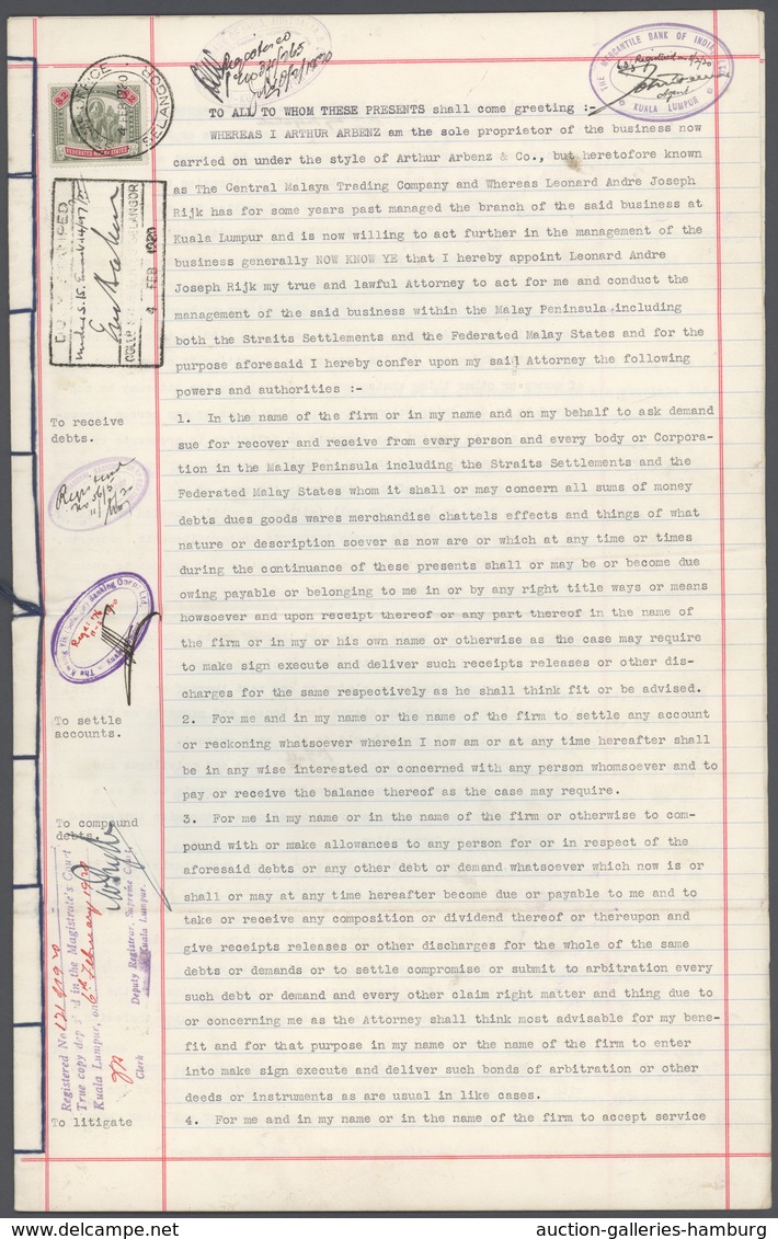 Malaiischer Staatenbund: 1920, Large Document Franked With 2 $ Green/carmine To Settle Court Fees Wi - Federated Malay States