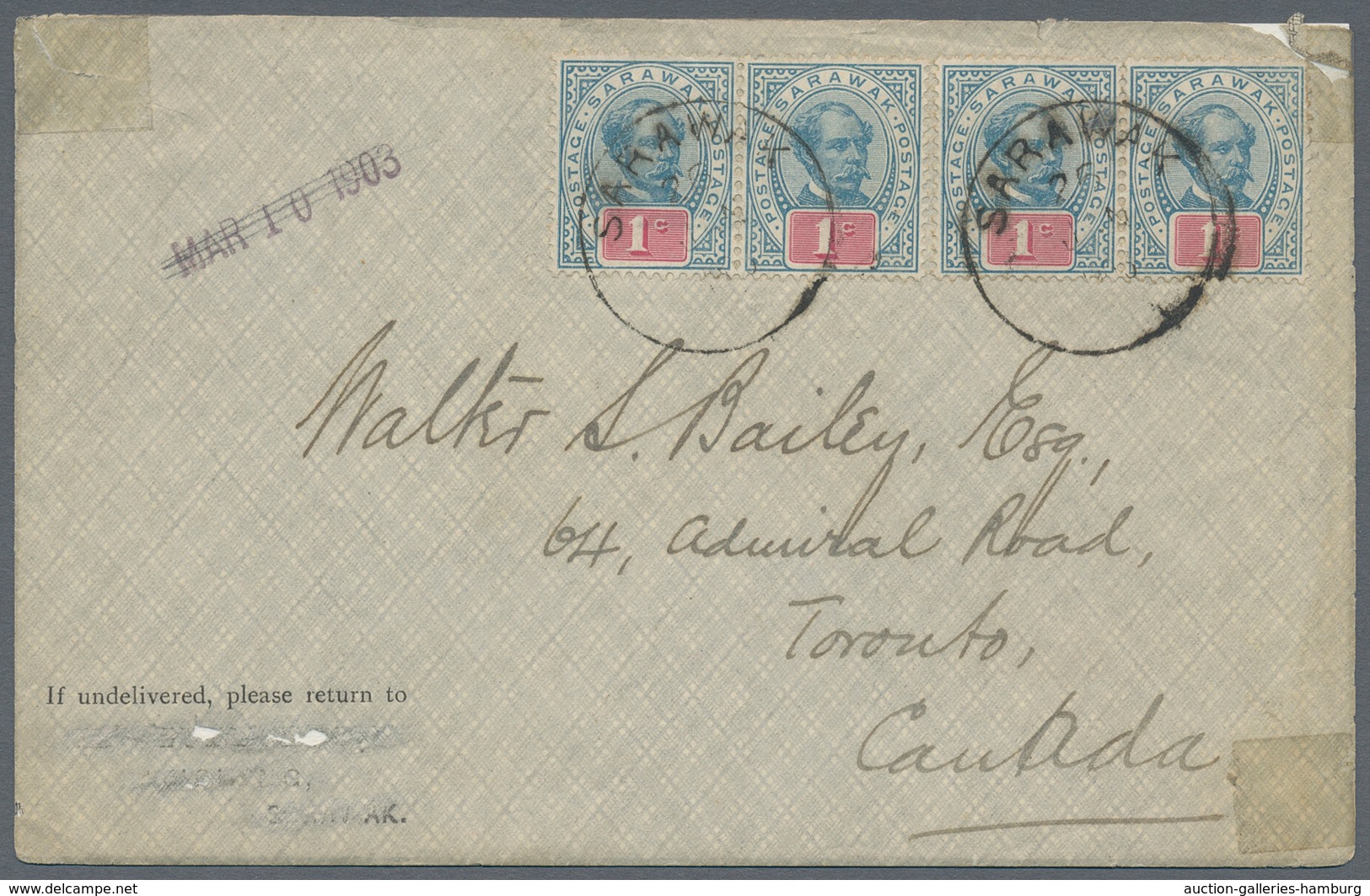 Malaiische Staaten - Sarawak: 1903, Two Pairs 1c Blue/red On Letter From Kuching To Canada, On Rever - Altri & Non Classificati