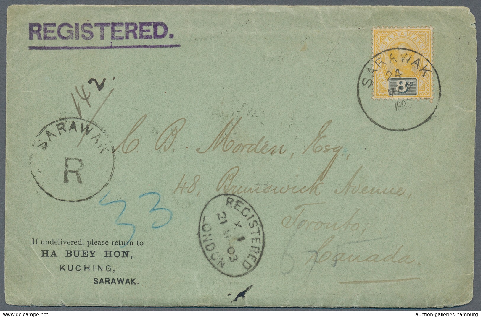 Malaiische Staaten - Sarawak: 1903, 1c Blue/red In Block Of Eight On Reverse And 8c Yellow/blue Sing - Otros & Sin Clasificación