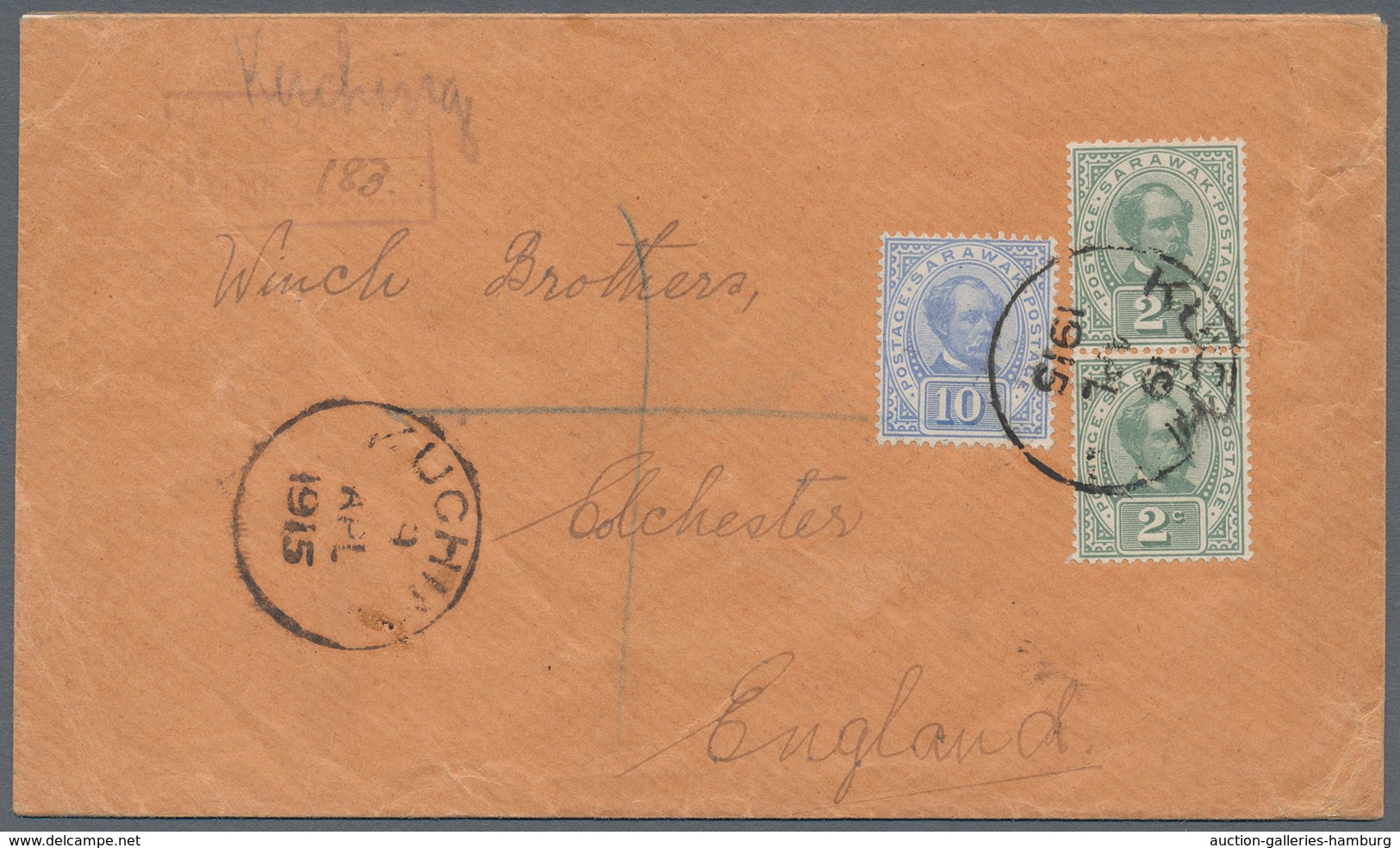Malaiische Staaten - Sarawak: 1915, 10c Blue And 2c Green Vertical Pair Mixed Franking On Letter Fro - Otros & Sin Clasificación
