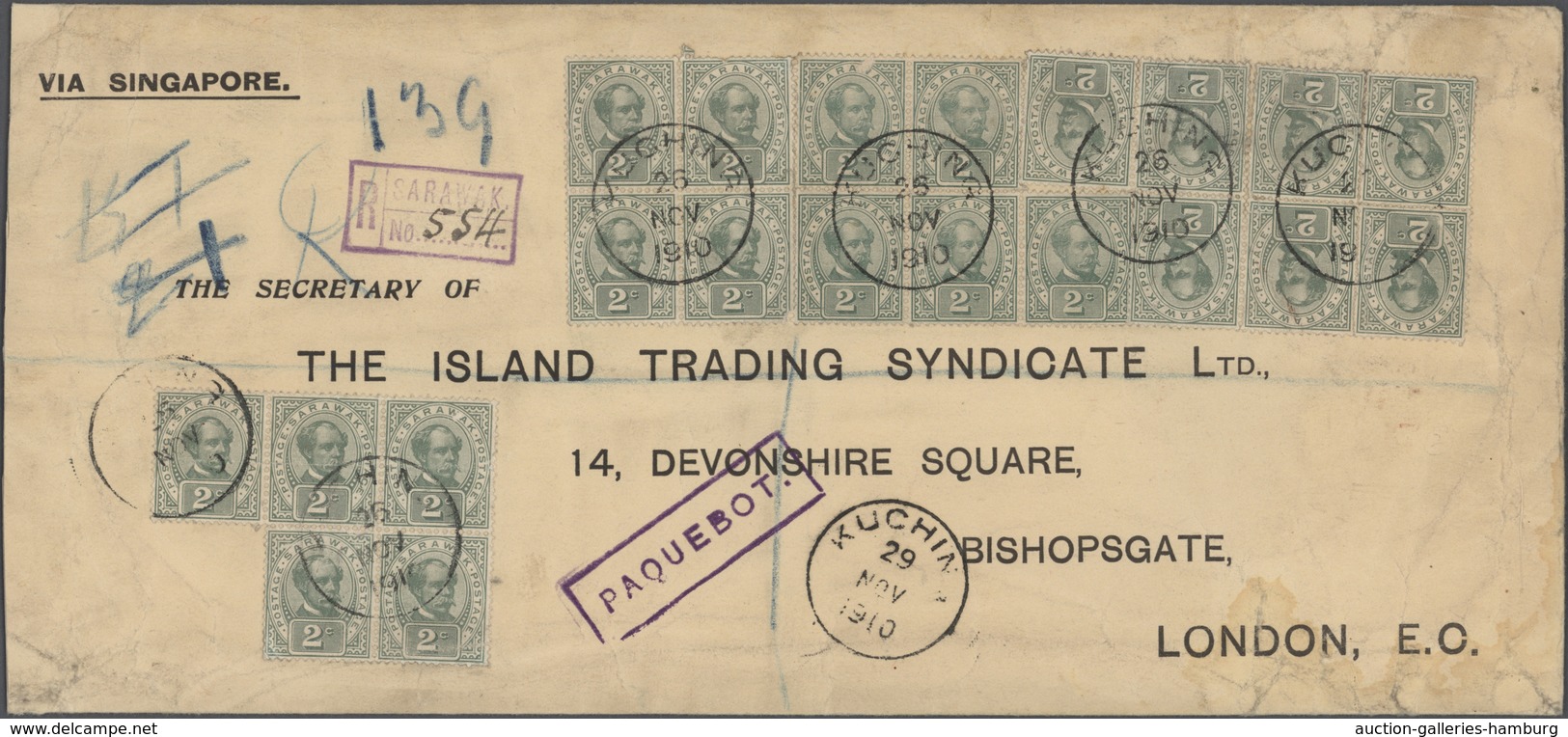 Malaiische Staaten - Sarawak: 1910, 21 Stamps 2c Green In Blocks And Stripes (one Single) On Registe - Other & Unclassified