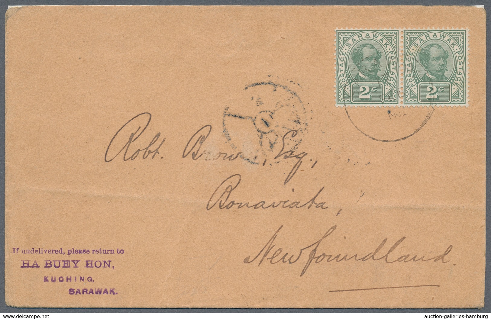 Malaiische Staaten - Sarawak: 1903, 2c Green Pair With Watermark On Cover From Kuching To Newfoundla - Otros & Sin Clasificación
