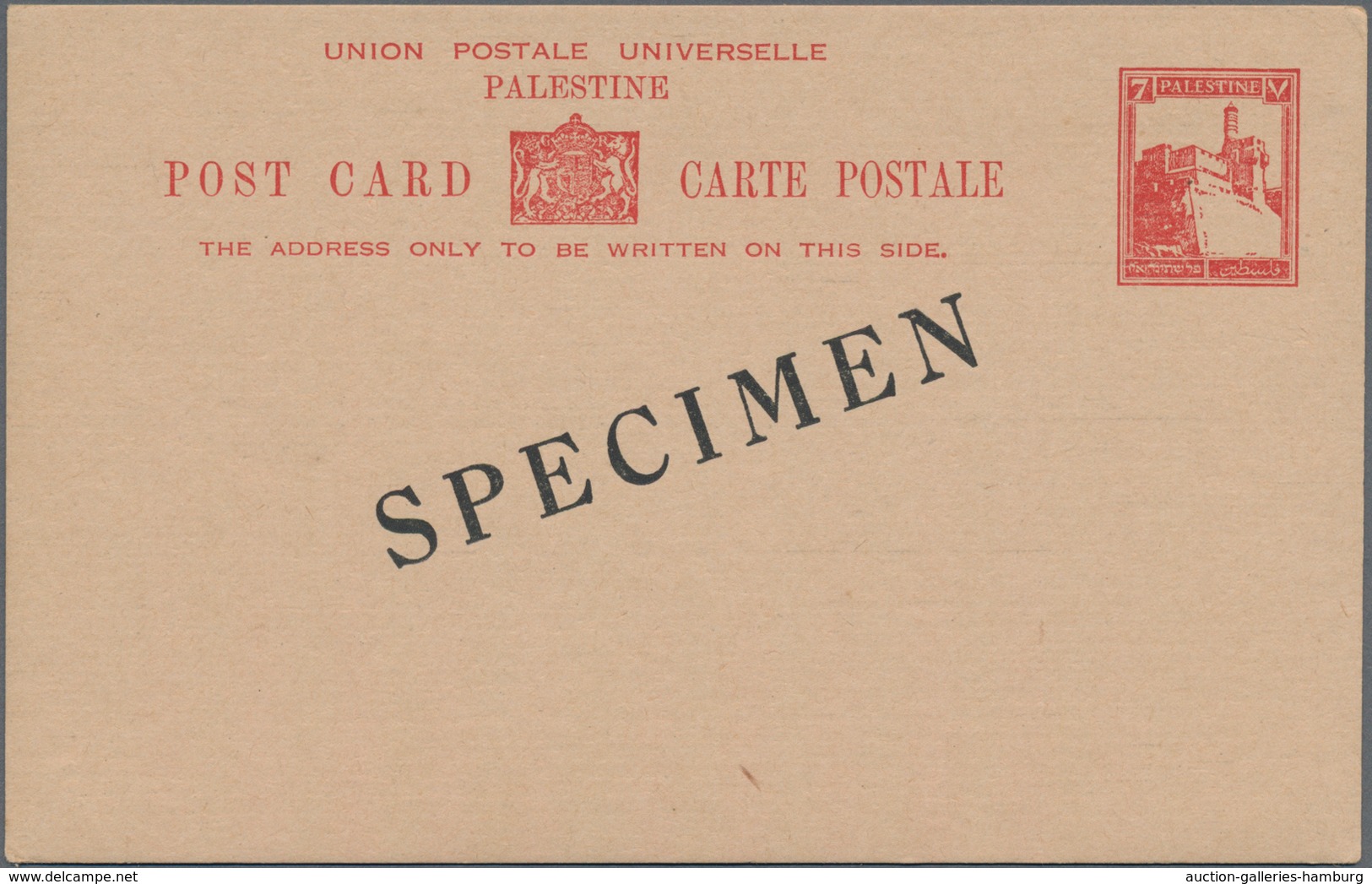 Palästina: 1927, 7 M Red Postal Stationery Card With Overprint "SPECIMEN" And Only With English Insc - Palästina