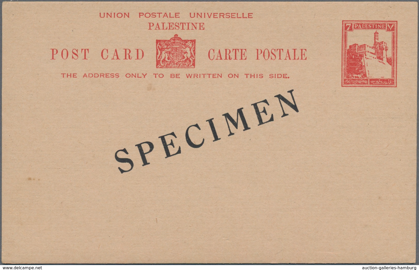 Palästina: 1927, 7 M Red Postal Stationery Card With Overprint "SPECIMEN" And Only With English Insc - Palestine