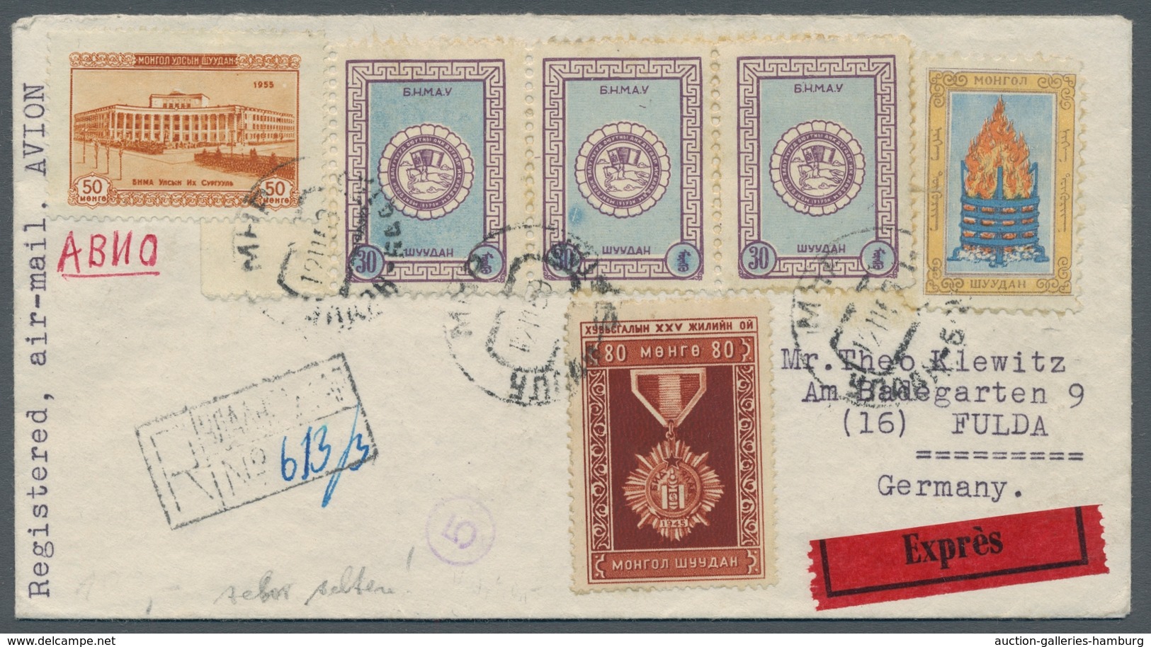 Mongolei: 1946, Very Rare With Among Other Things Special Stamps Franked Express R-cover From ULAN-B - Mongolei