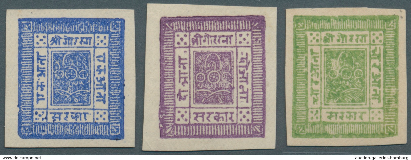 Nepal: 1881, First Issue, 1 A. Ultramarine, 2 A Bright-purple And 4 A Yellow-green On White Wove Eur - Nepal