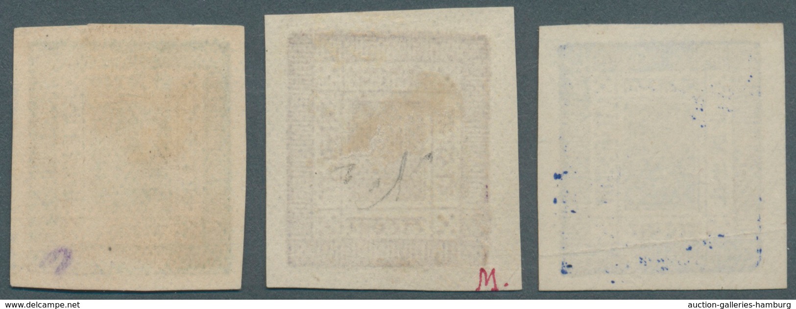 Nepal: 1881, First Issue, 1 A. Ultramarine, 2 A Bright-purple And 4 A Yellow-green On White Wove Eur - Nepal