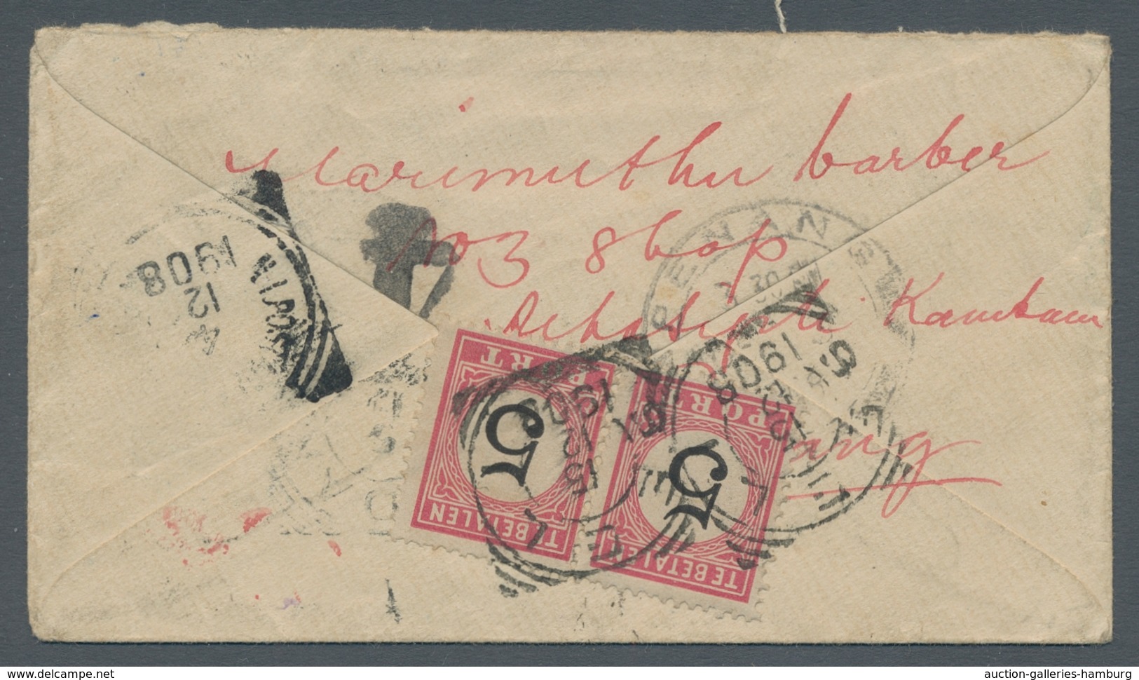Niederländisch-Indien - Ganzsachen: 1908, 5 Cent. Portomarke Als Waagerechtes Paar Auf Rückseite Ein - Otros & Sin Clasificación