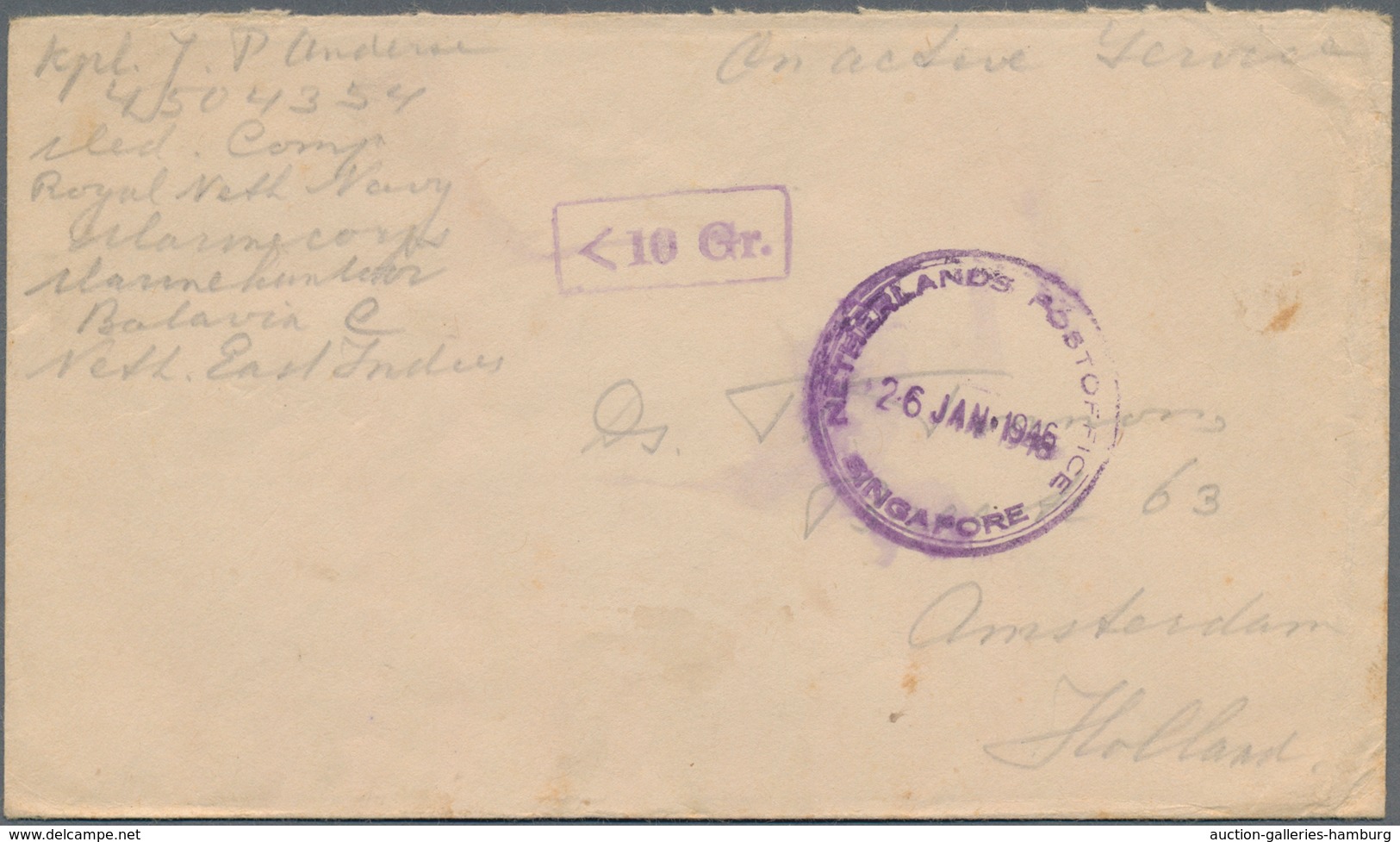 Singapur: 1946, Field Post Letter From A Dutch Soldier To Netherlands With Provisional Rubber Handst - Singapore (...-1959)