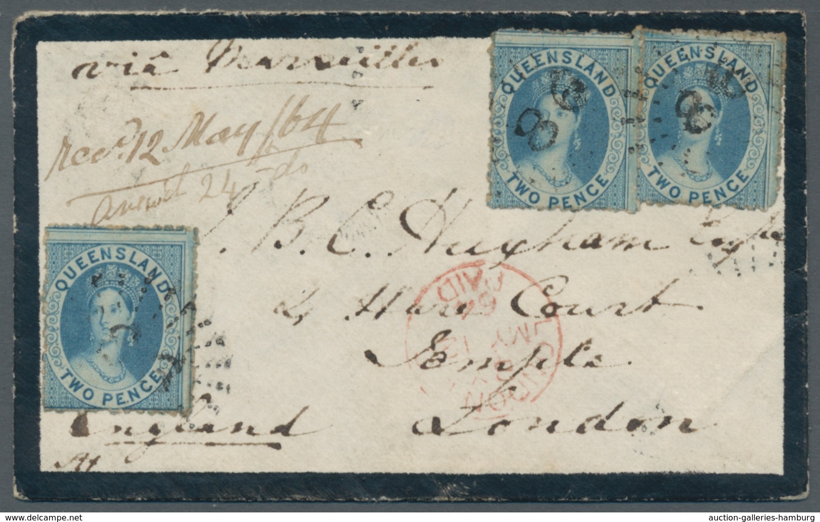 Queensland: 1864, 2 Pence Blau Gezähnt 13, Drei Exemplare Auf Kleinformatigem Zier-Trauerbrief Aus D - Cartas & Documentos