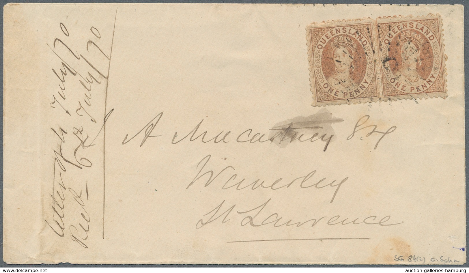 Queensland: 1875, 1878, Two Small Envelopes, One Franked With Horizontal Pair 1d Pale Rose Red And O - Covers & Documents