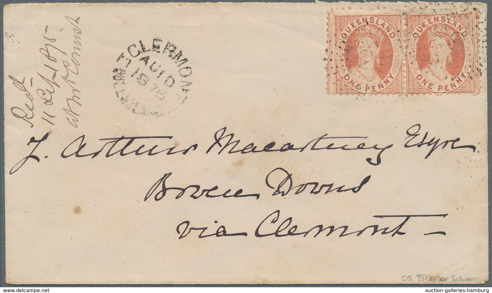 Queensland: 1875, 1878, Two Small Envelopes, One Franked With Horizontal Pair 1d Pale Rose Red And O - Cartas & Documentos