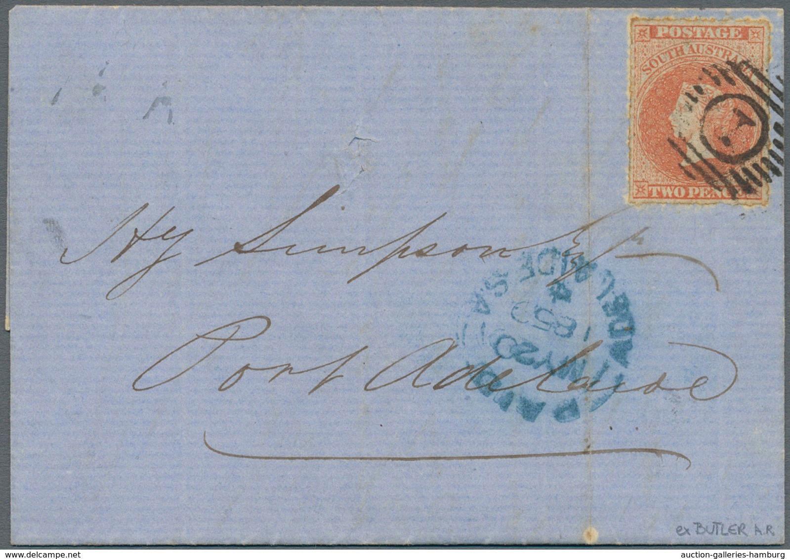 Südaustralien: 1859, Folded Letter Franked With 2 Pence Red Cancelled With Numeral "1" And Blue "PAI - Storia Postale