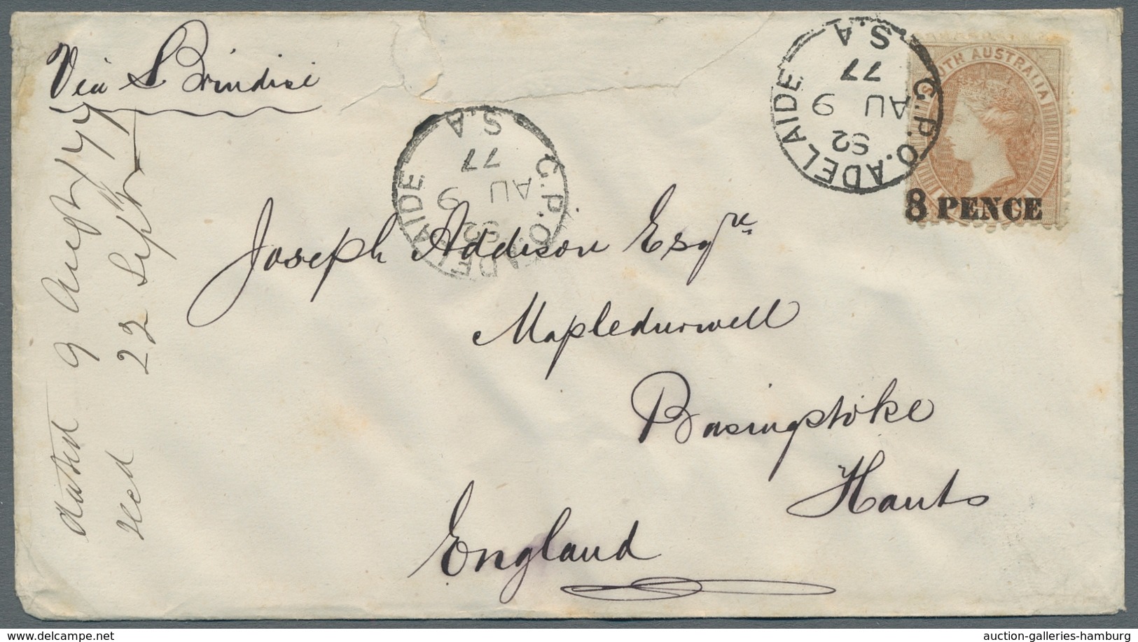 Südaustralien: 1877, Zwei Briefe, Jeweils Frankiert Mit Königin Victoria, 8 PENCE Auf 9 P. Rotbraun, - Covers & Documents