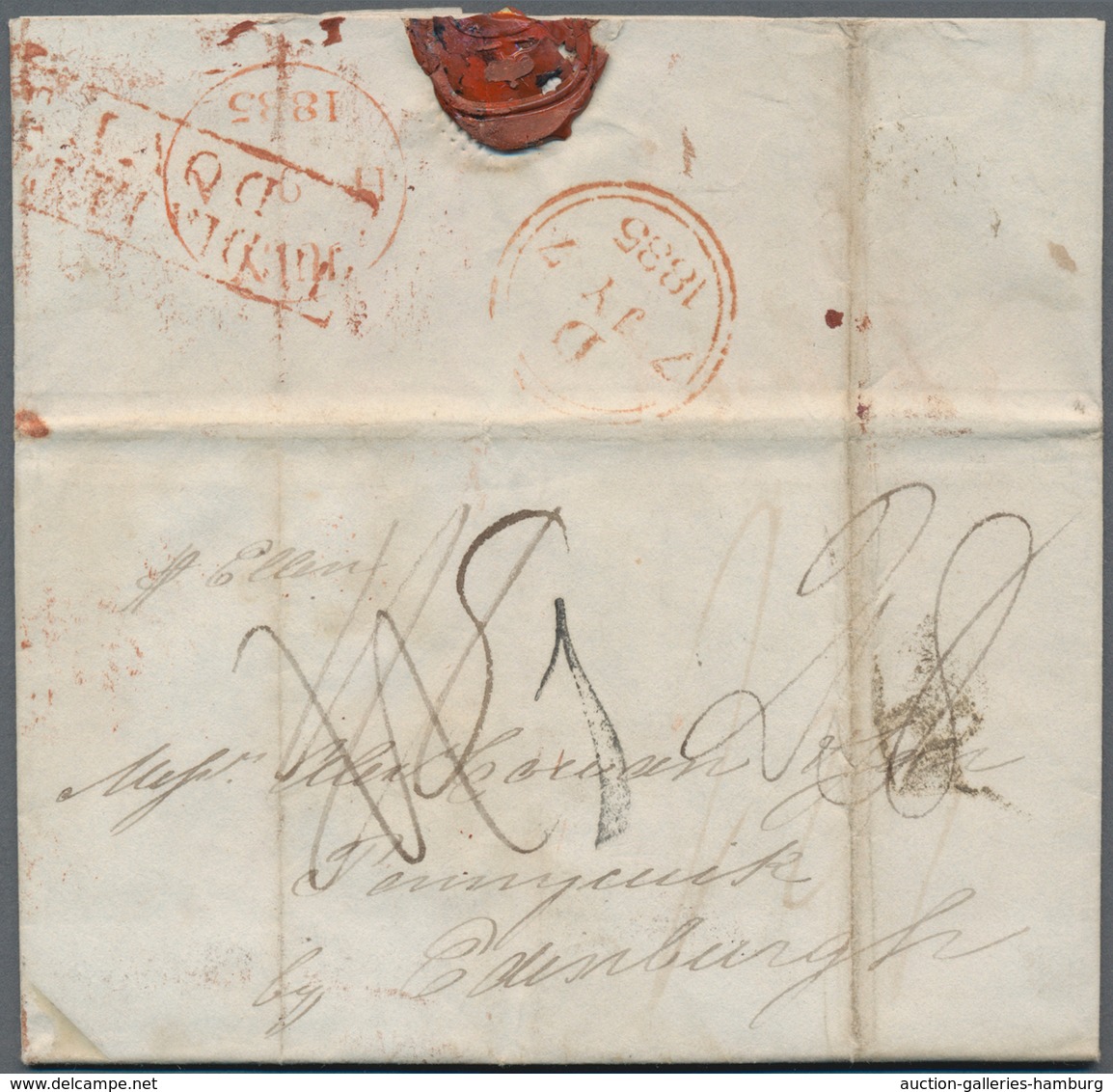 Tasmanien: 1835, Complete Folded Letter To Edinburgh/Scotland With Black Tax-handstamp "1", On Rever - Cartas & Documentos
