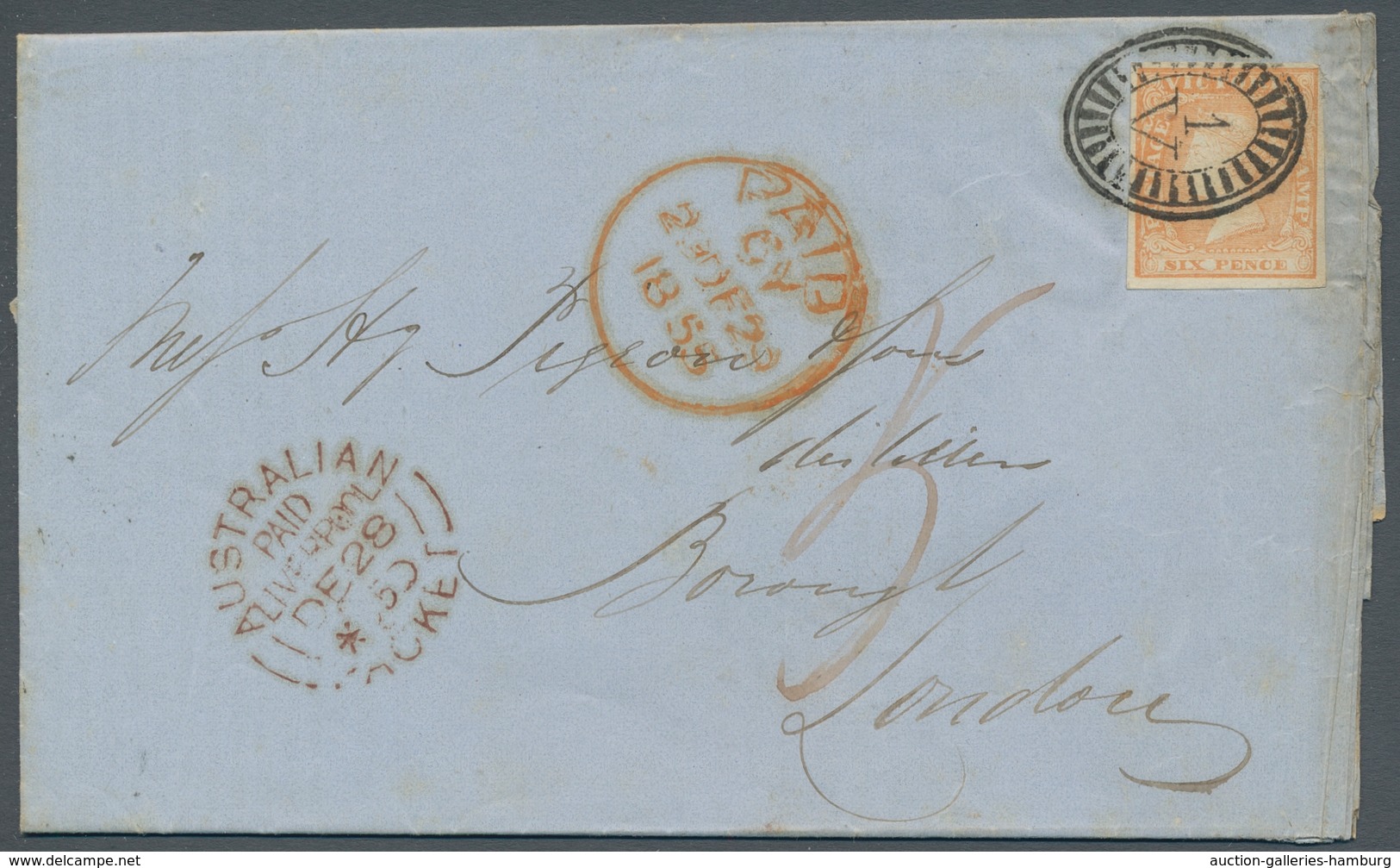 Victoria: 1855, 6 Pence Orange, Allseits Vollrandig Geschnitten Und Sauber Entwertet, Auf Drucksache - Cartas & Documentos