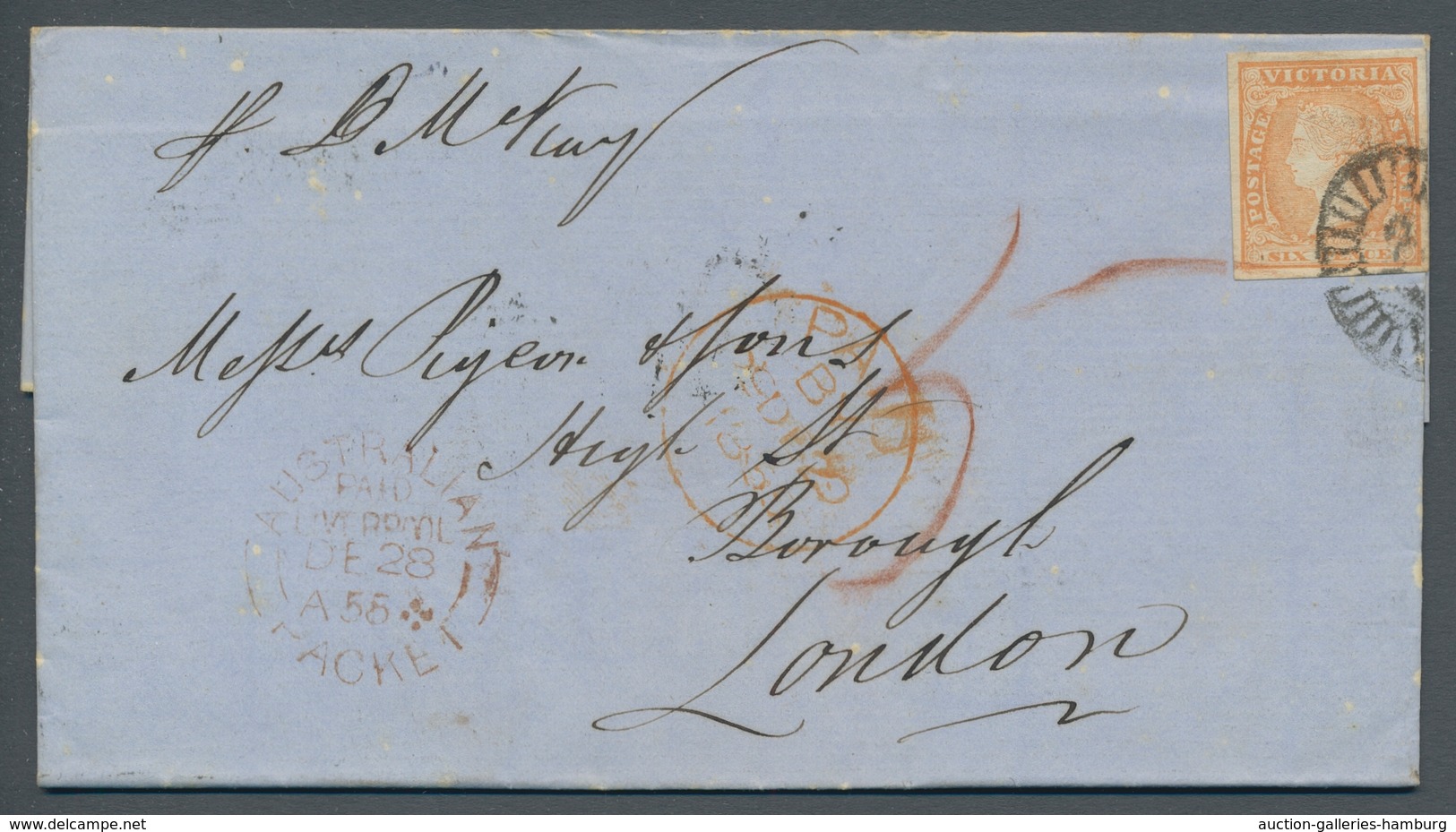 Victoria: 1855, 6 Pence Orange, Allseits Vollrandig Geschnitten Auf Geschäftsbrief Von Geelong über - Storia Postale