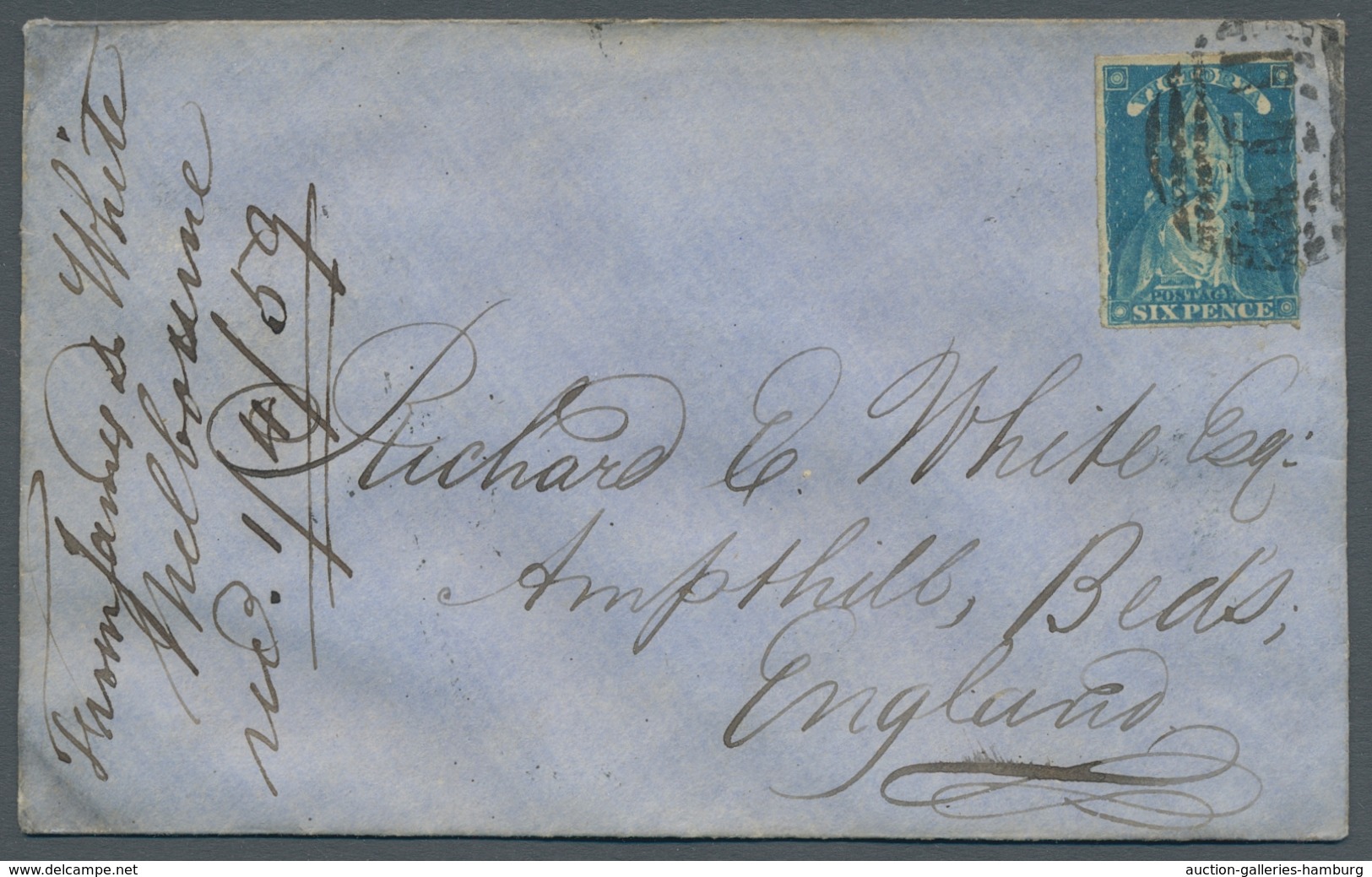 Victoria: 1859, Königin Victoria Auf Dem Thron, 6 Pence Blau, Dreiseitig Vollrandig, Rechts Angeschn - Cartas & Documentos