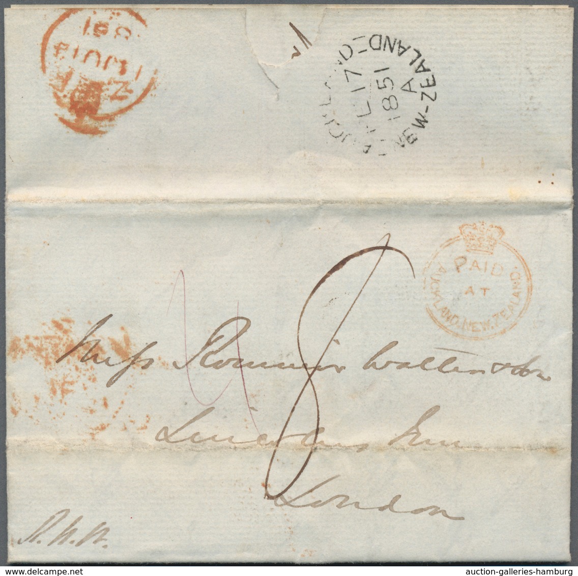 Neuseeland: 1851, "AUKLAND..." Red Crown Circle Cancel On Complete Folded Letter To London And Cover - Covers & Documents