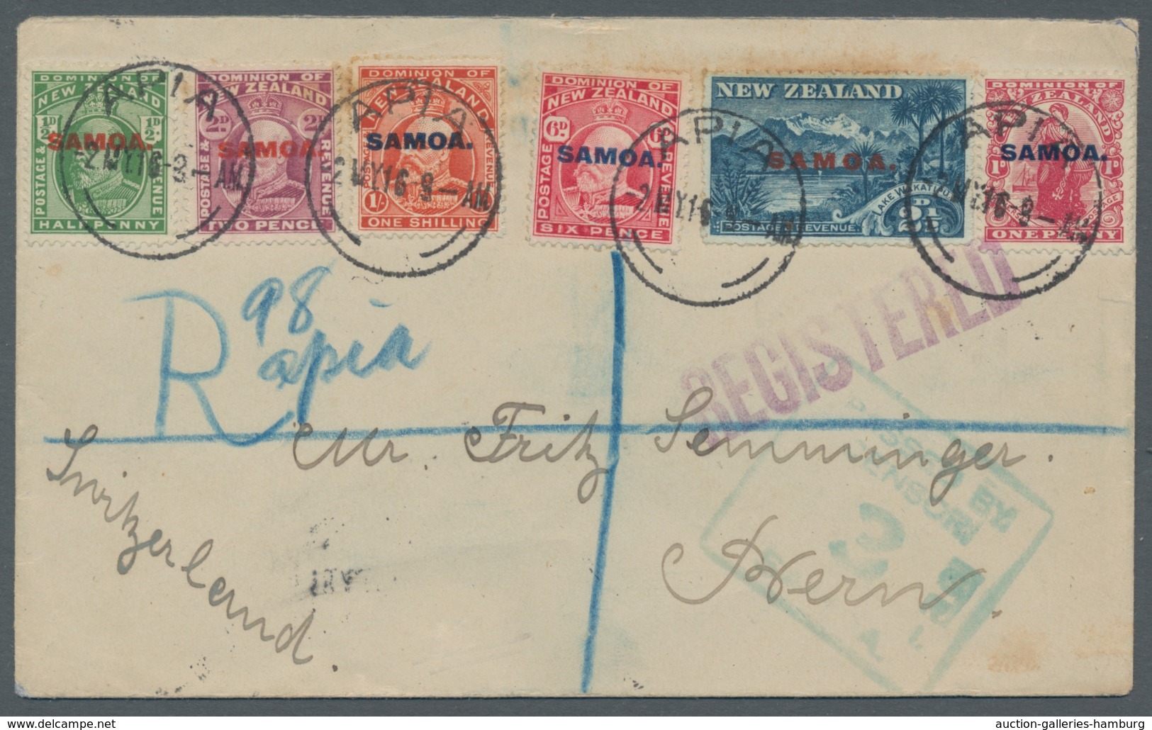 Samoa: 1916, Registered And Censored Letter To Bern, Switzerland, Bearing Overprint Series 1/2d To 1 - Samoa