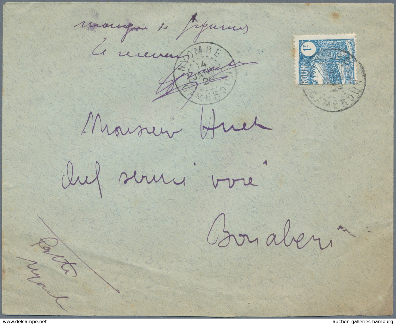 Kamerun: 1929 BISECTED 1 FRANC Cancelled By "NYOMBÉ 14. JANV. 29" Cds On Cover To Bonaberi. Manuscri - Camerún (1960-...)