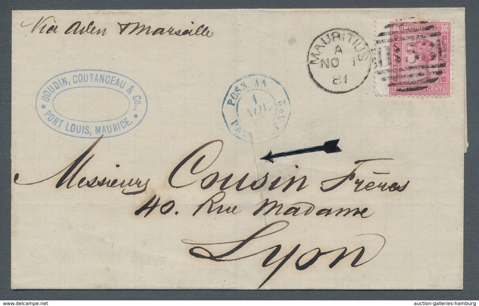 Mauritius: 1881, 17 Cents. Victoria Als Einzelfrankatur Auf Briefhülle Von Mauritius über Aden Und M - Mauricio (...-1967)