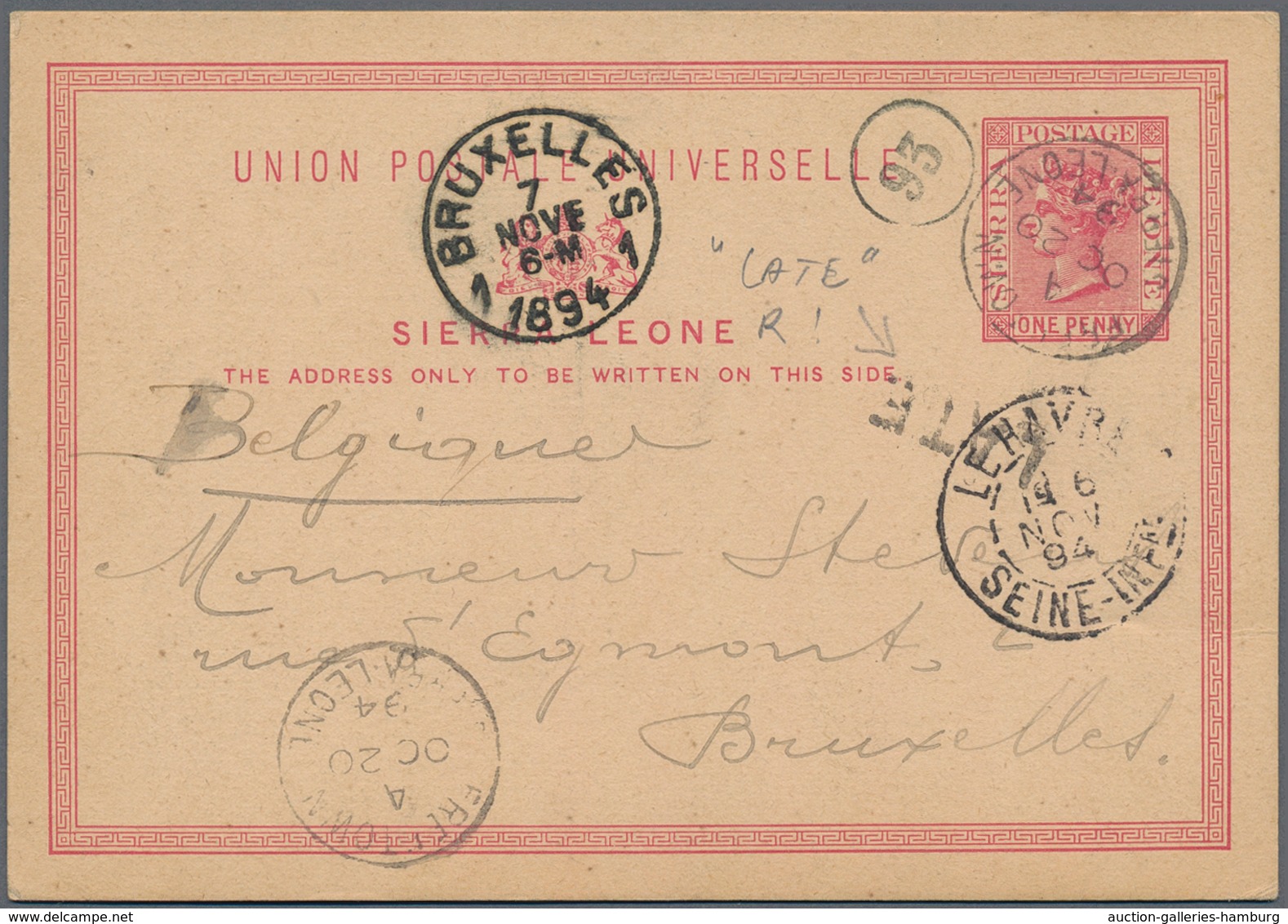 Sierra Leone: 1894 1d Postal Stationery Card Used To Belgium - Cancelled By CDS " Freetown / Sierra - Sierra Leona (1961-...)