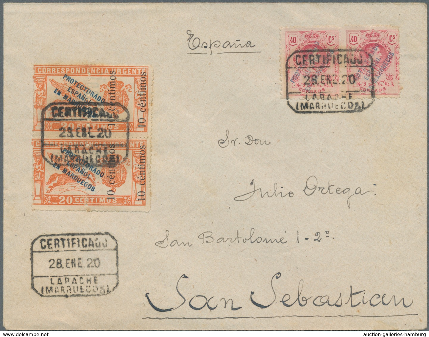 Spanisch-Marokko: 1920, Registered Express Letter From LARACHE Franked With 40 Cs. Alfons XIII Impri - Marruecos Español