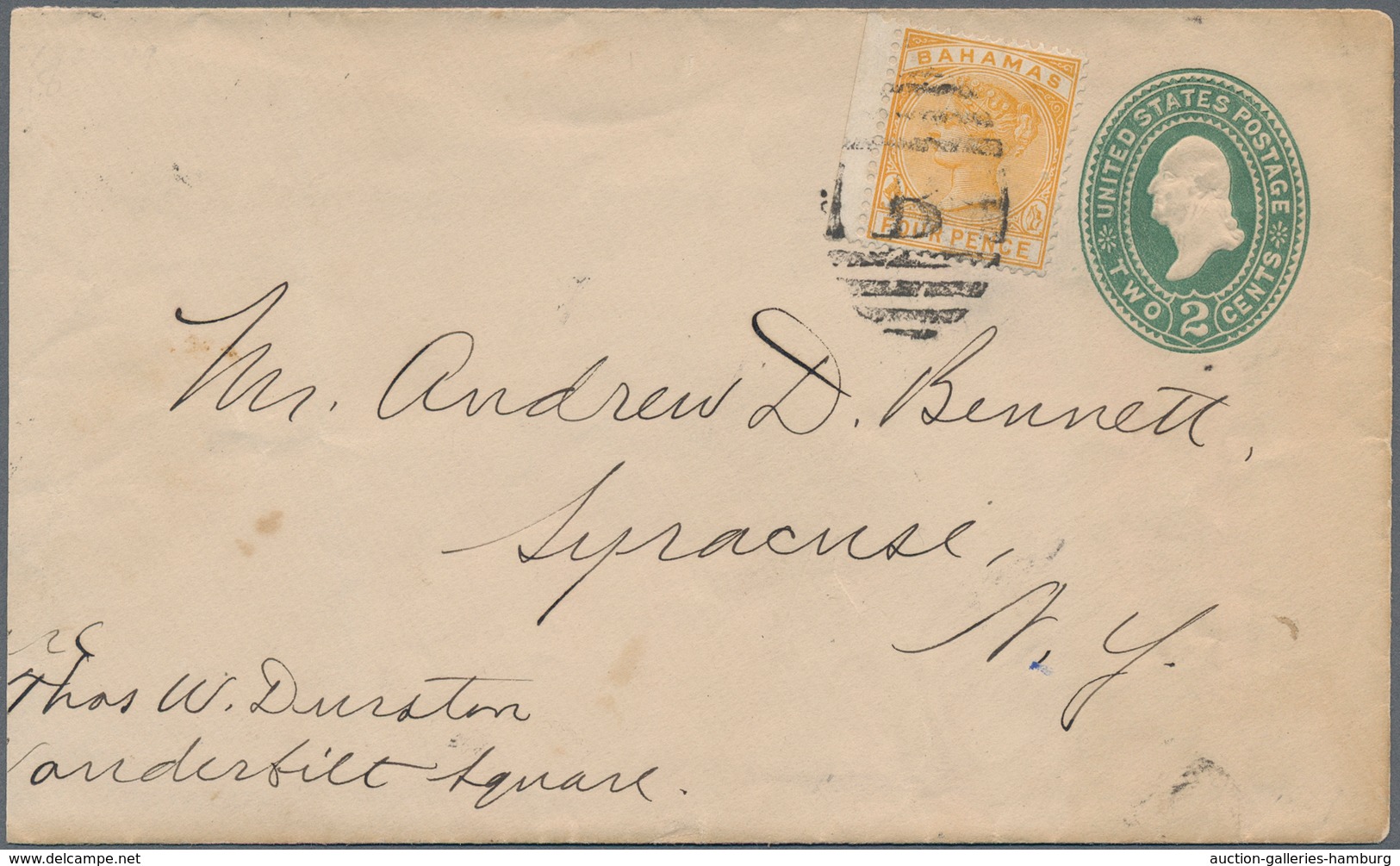 Bahamas: 1889 U.S 2c Postal Stationery Envelope ( Sc. U311, Slightly Reduced At Left) Franked Bahama - 1963-1973 Autonomía Interna