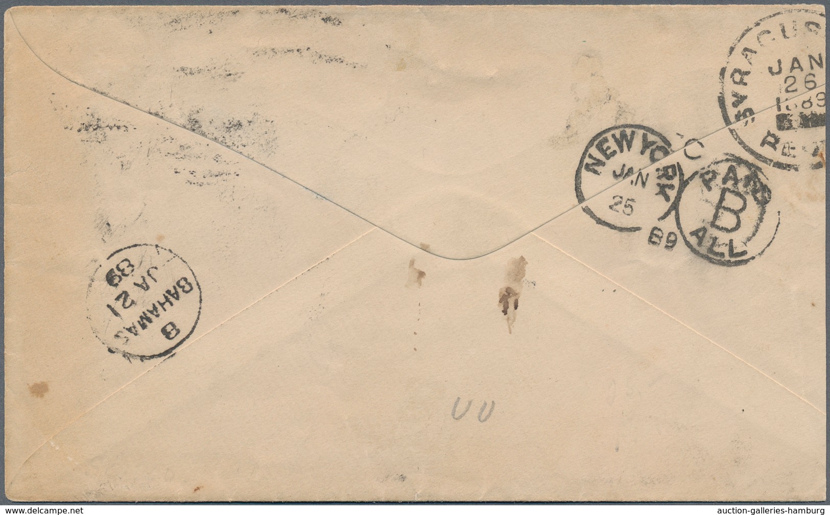Bahamas: 1889 U.S 2c Postal Stationery Envelope ( Sc. U311, Slightly Reduced At Left) Franked Bahama - 1963-1973 Ministerial Government