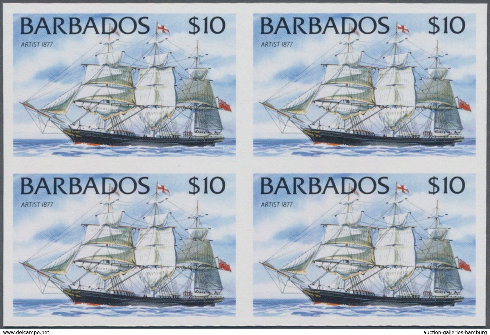 Barbados: 1994/1999. IMPERFORATE Block Of 4 (type I Without Year) For The $10 Value Of The Definitiv - Barbados (1966-...)