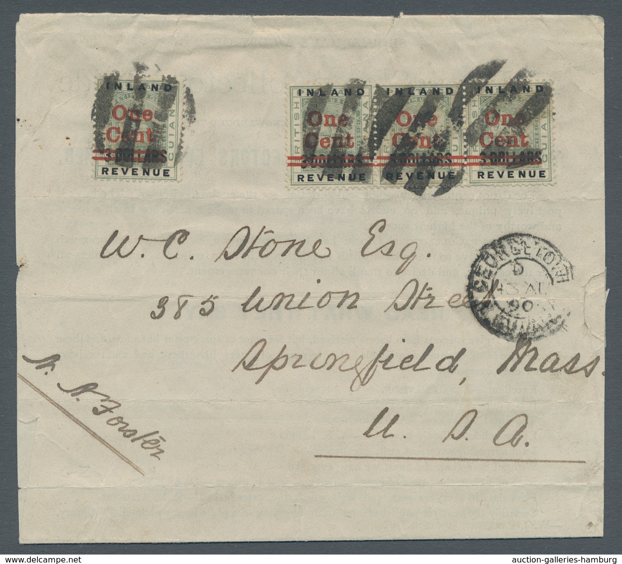 Britisch-Guyana: 1890, "One Cent On $3 Frigate Sandbach", Horizontal Three Stripes And Single Value - British Guiana (...-1966)