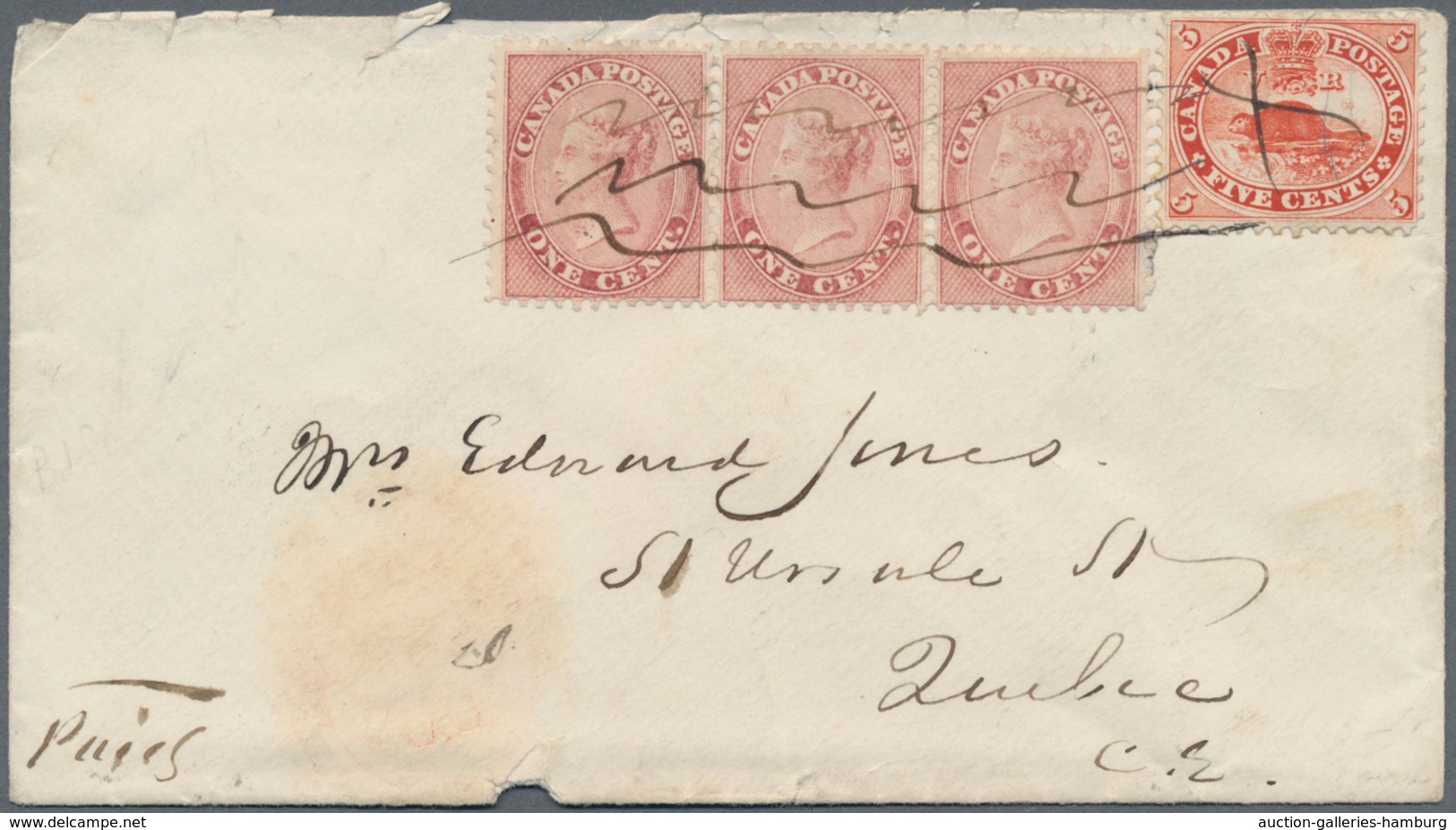 Canada - Colony Of Canada: 1864, Envelope Franked With 1 D QV, Strip Of Three And Single 5 D Beaver - ...-1851 Prefilatelia