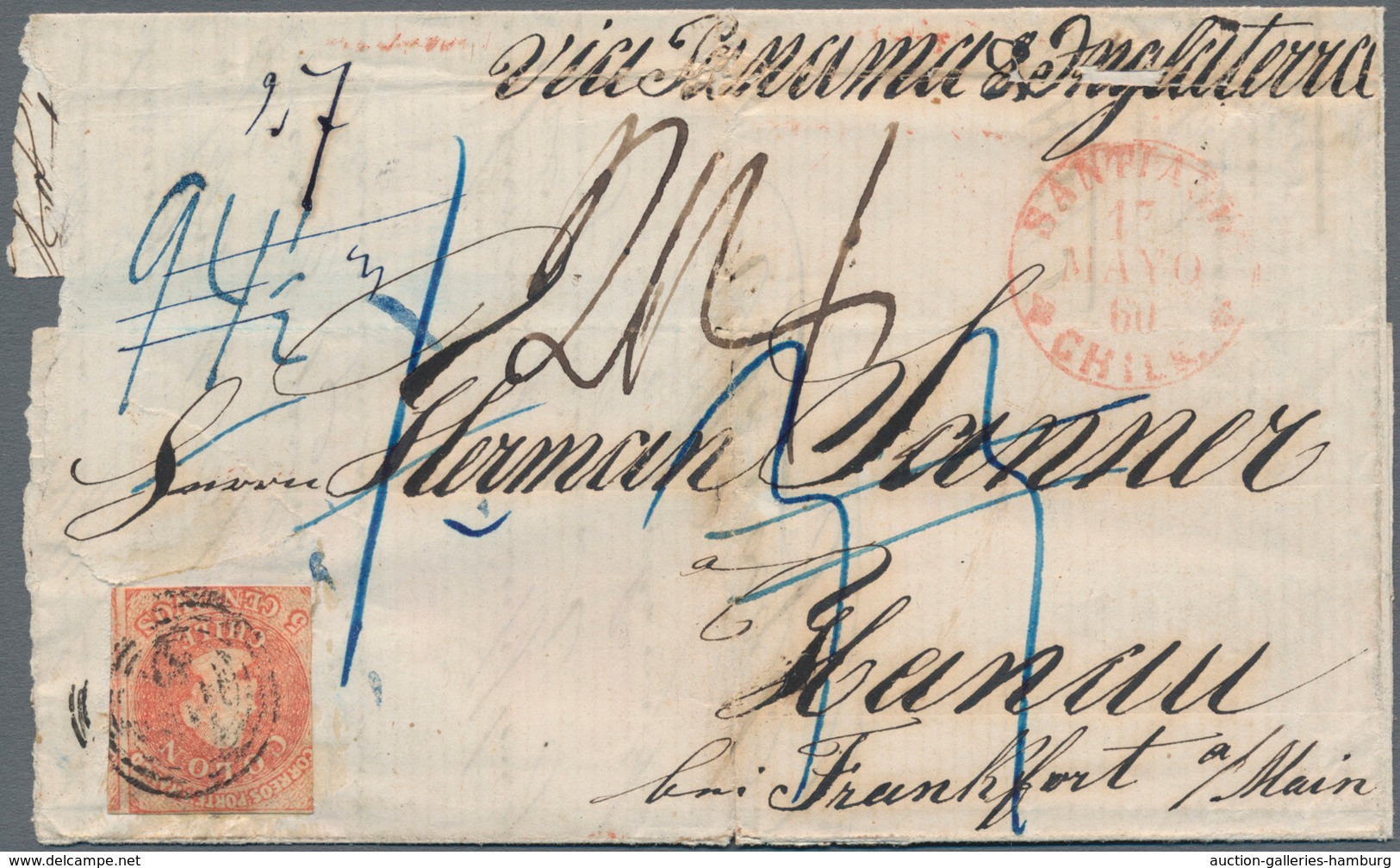 Chile: 1860, 5 C Rose-red, Three Sides Touched, Broad Margin At Right, Tied By Target Handstamp In B - Chile