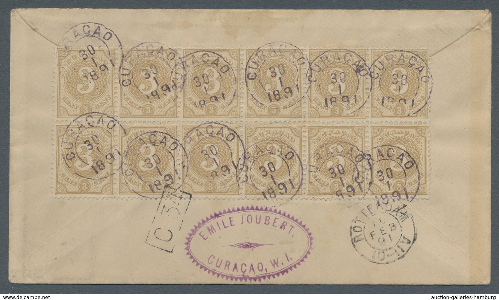Curacao: 1891, Ziffernausgabe 3 Cent Gelbbraun, Sehr Schön Erhaltener 12-er Block Auf Der Rückseite - Curazao, Antillas Holandesas, Aruba