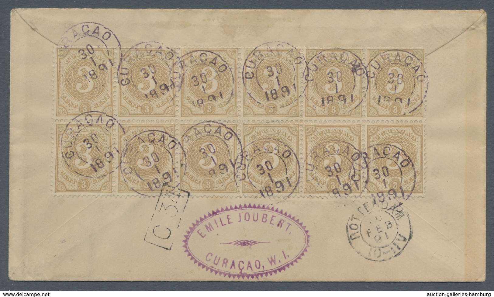 Curacao: 1891, Ziffernausgabe 3 Cent Gelbbraun, Sehr Schön Erhaltener 12-er Block Auf Der Rückseite - Curacao, Netherlands Antilles, Aruba