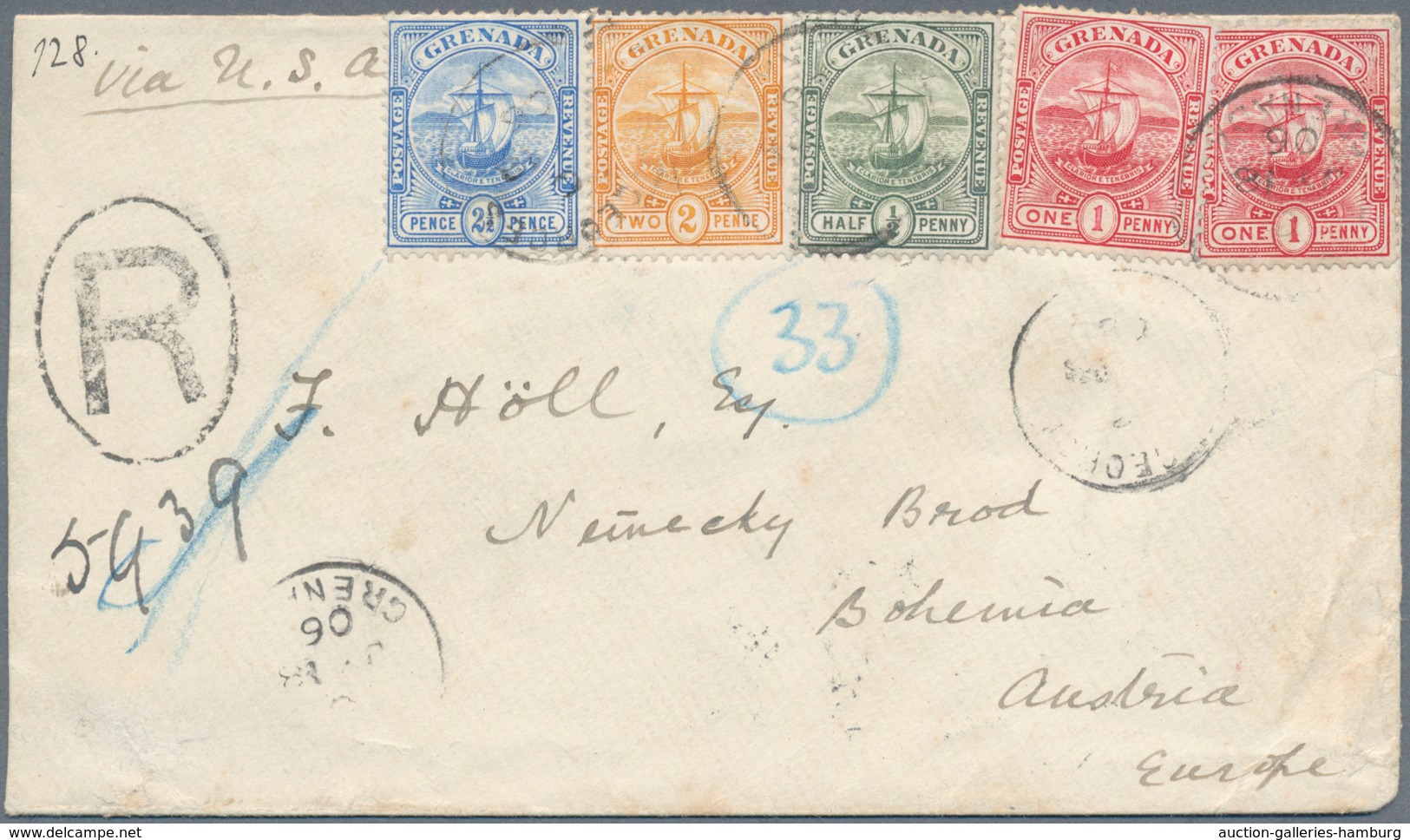 Grenada: 1906, Registered Letter With Four-colour Franking To Neureky Brod, Bohemia. Stamps With Som - Granada (...-1974)