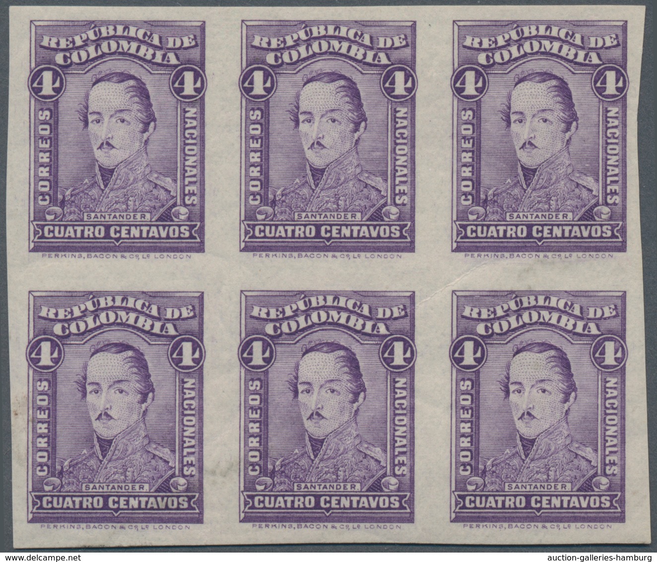 Kolumbien: 1917, 4 C Violet Imperforated In Block Of Six, Mint Never Hinged - Colombia