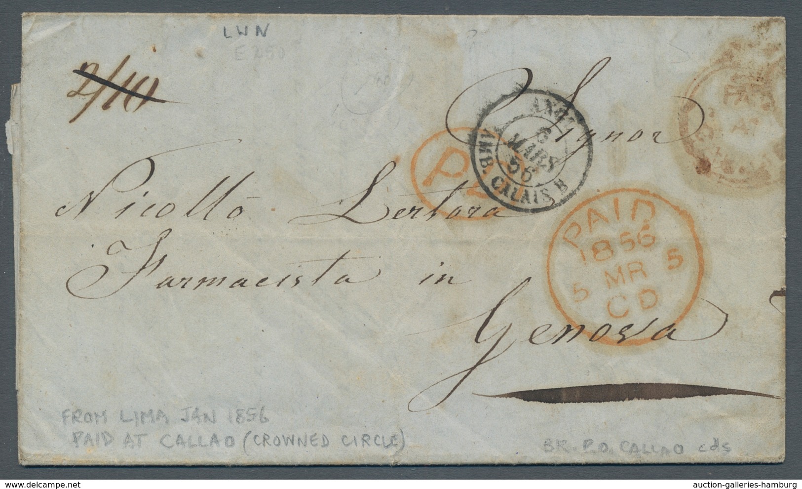Peru: 1856, PAID CALLAO (with Crown) In Red, Cancellation On Folded Letter To Genoa In Good Conditio - Perú