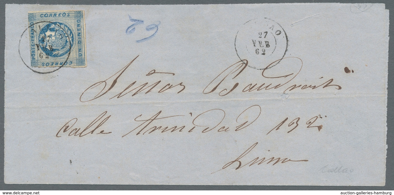 Peru: 1858, "1 Pes. Wappen", Farbfrischer Vollrandiger Wert Mit Klarem TRUX. Auf Behördenbrief, Fran - Peru