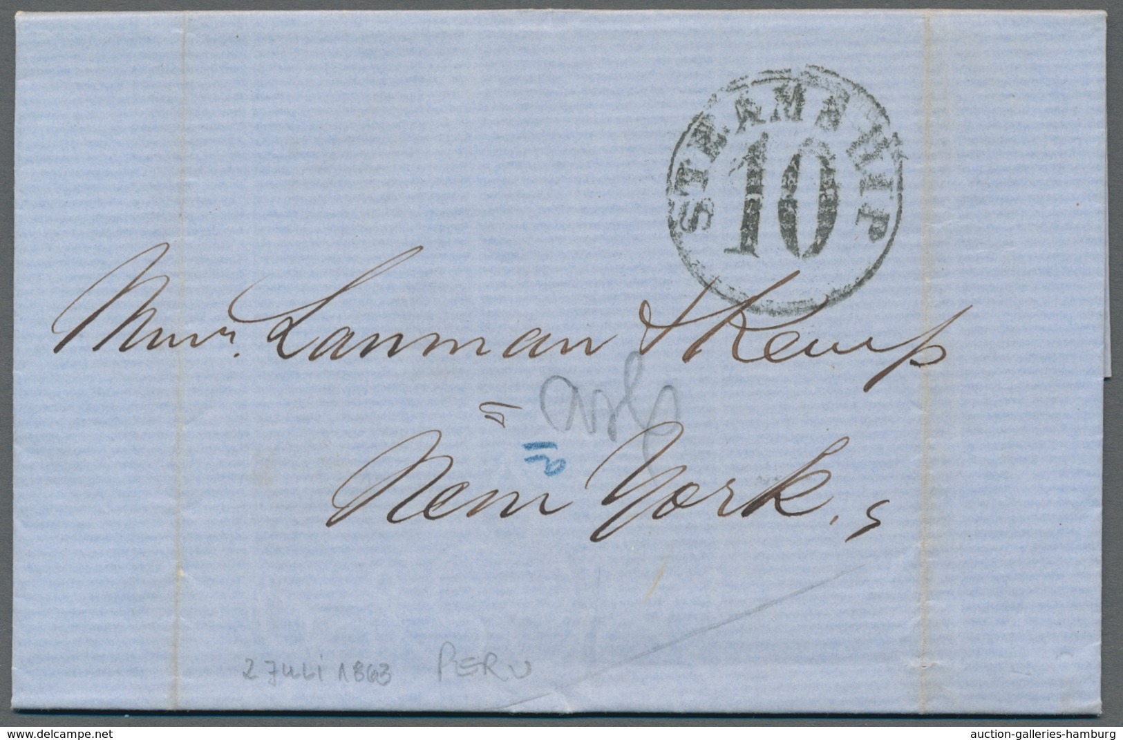 Peru: 1861 And 1863 Respectively, Two Unmarked Folding Letters To New York Each With STEAMSHIP 10, G - Perú