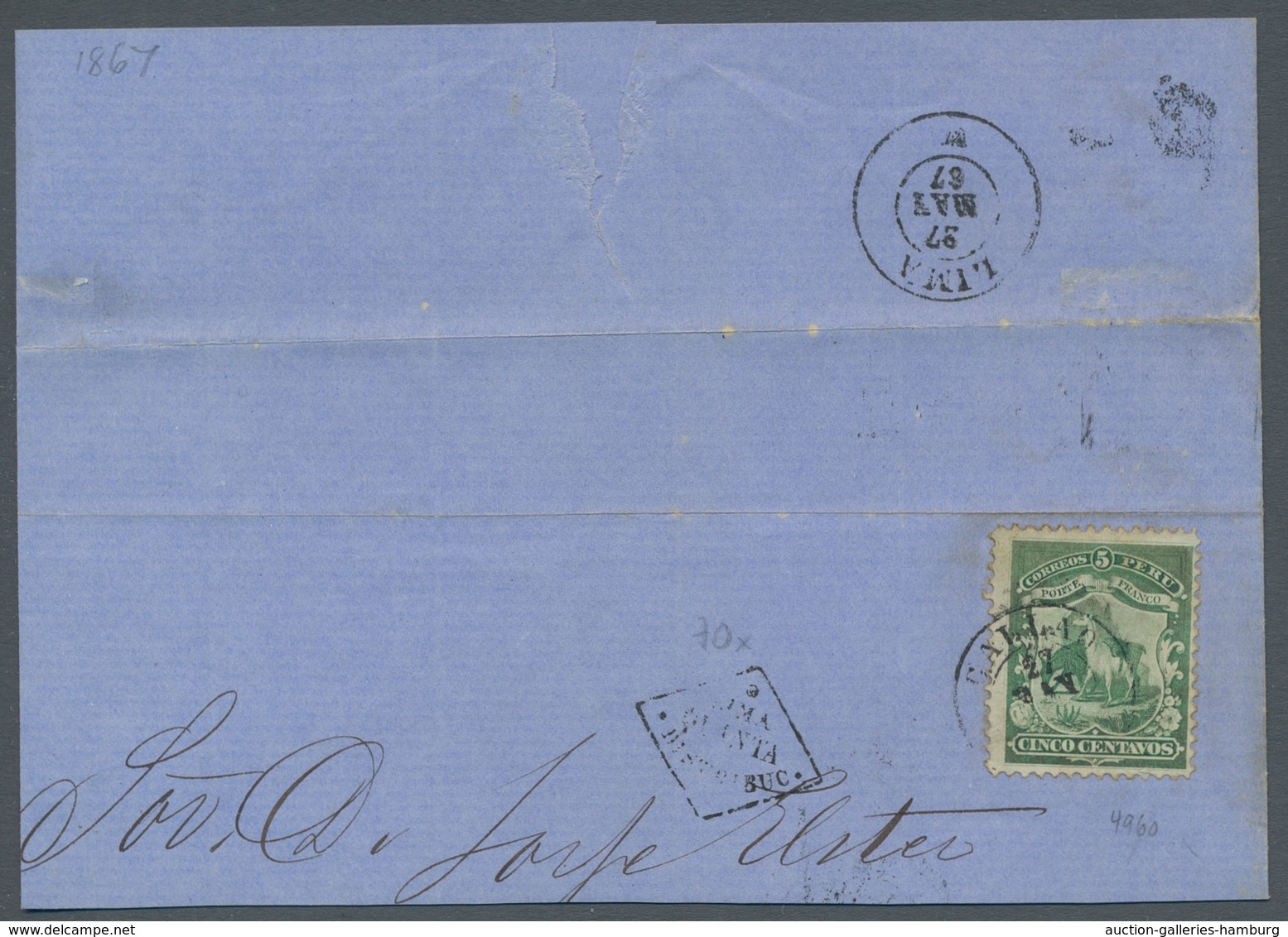 Peru: 1866, "5 C. Green", Clean With CALLAO 27 MAY (67) Stamped Value Beside Rare LIMA QUARTA DISTRI - Peru