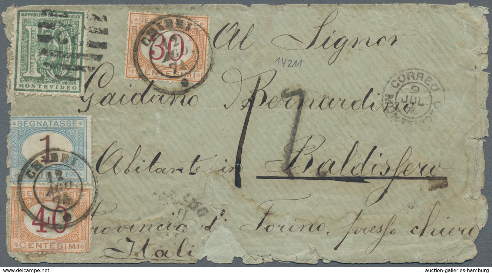 Uruguay - Besonderheiten: 1874, 10 C Blue On Letter (before UPU) From Montevideo To Italy, There Fra - Uruguay