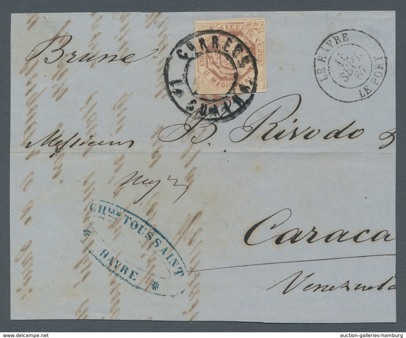 Venezuela: 1866, Medio Real, Braunviolett Als Postfälschung Auf Großem Briefstück Von Le Havre Nach - Venezuela