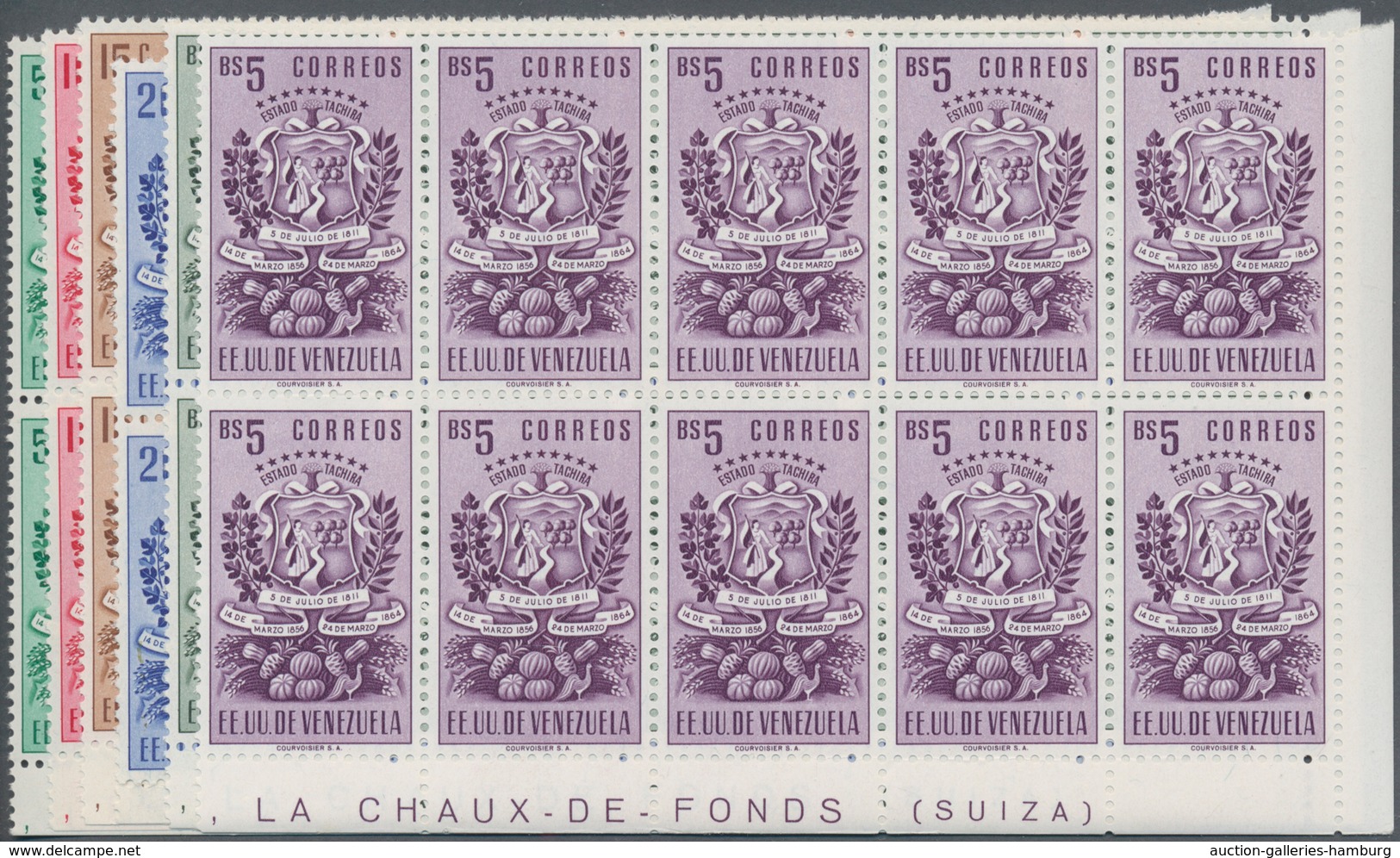 Venezuela: 1951, Coat Of Arms 'TACHIRA' Normal Stamps Complete Set Of Seven In Blocks Of Ten From Lo - Venezuela