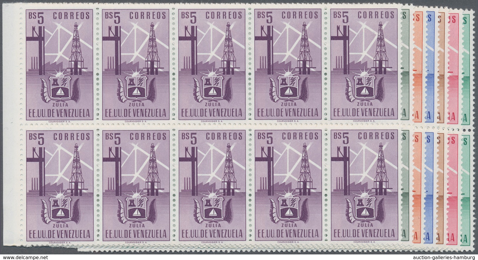 Venezuela: 1951, Coat Of Arms 'ZULIA' Normal Stamps Complete Set Of Seven In Blocks Of Ten From Left - Venezuela